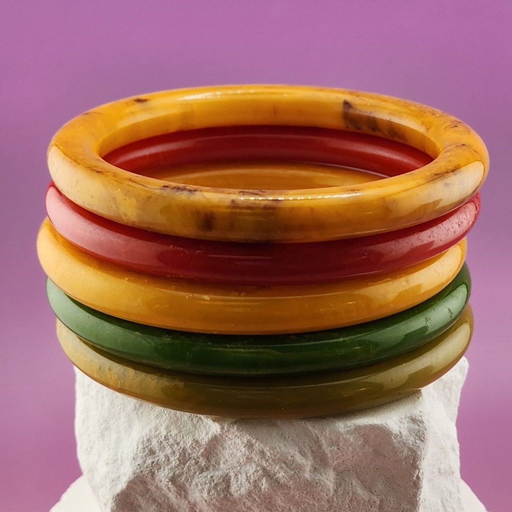 5pc Multicolor Resin Bangle Bracelet Set Chunky Retro Green Red Yellow Vintage
